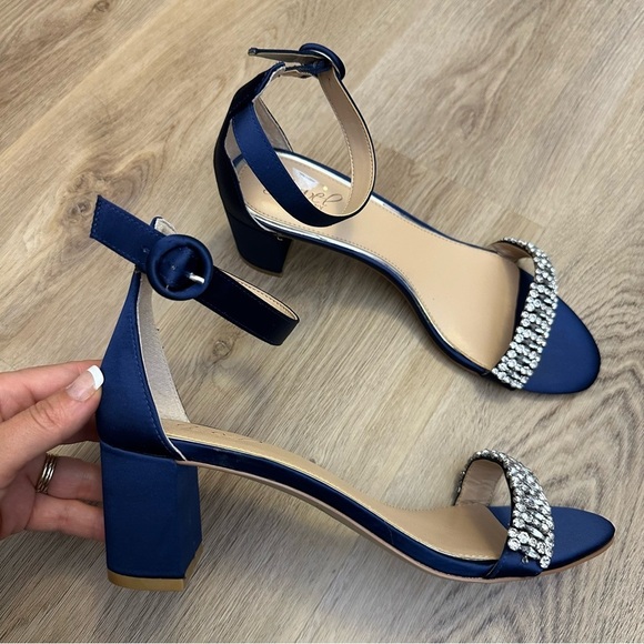 Jewel Badgley Mischka Blue Satin Heels with Rhinestone Embellishments size 10 - Picture 2 of 9